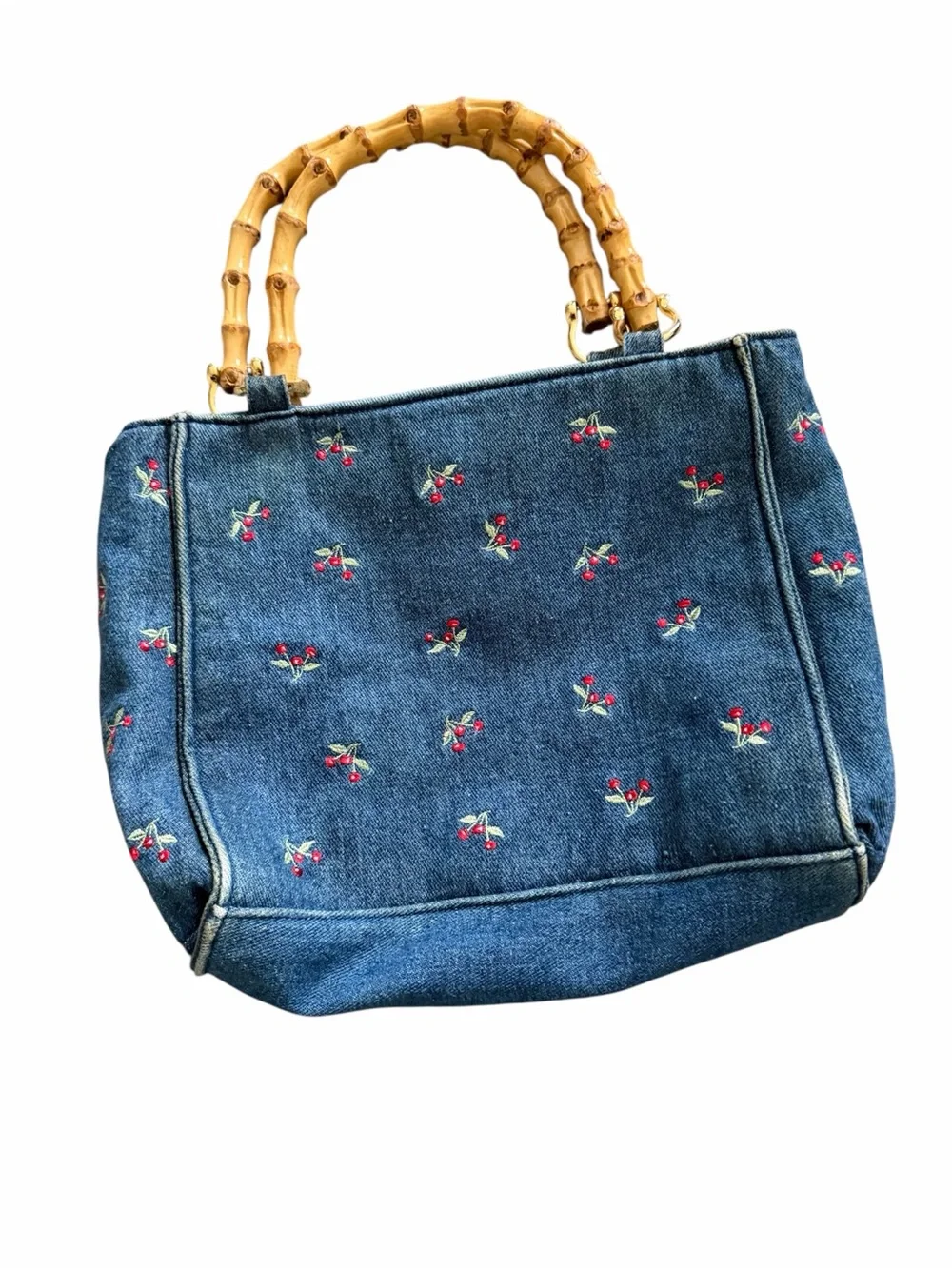Tiannl Denim Cherry Embroidered Tote with Bamboo Handles